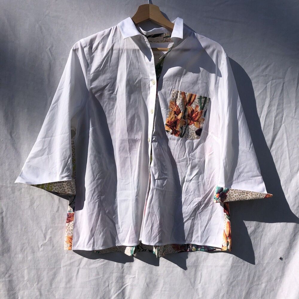 Chico's Size 2 White with Floral Button Up Shirt No Iron Cotton Blend